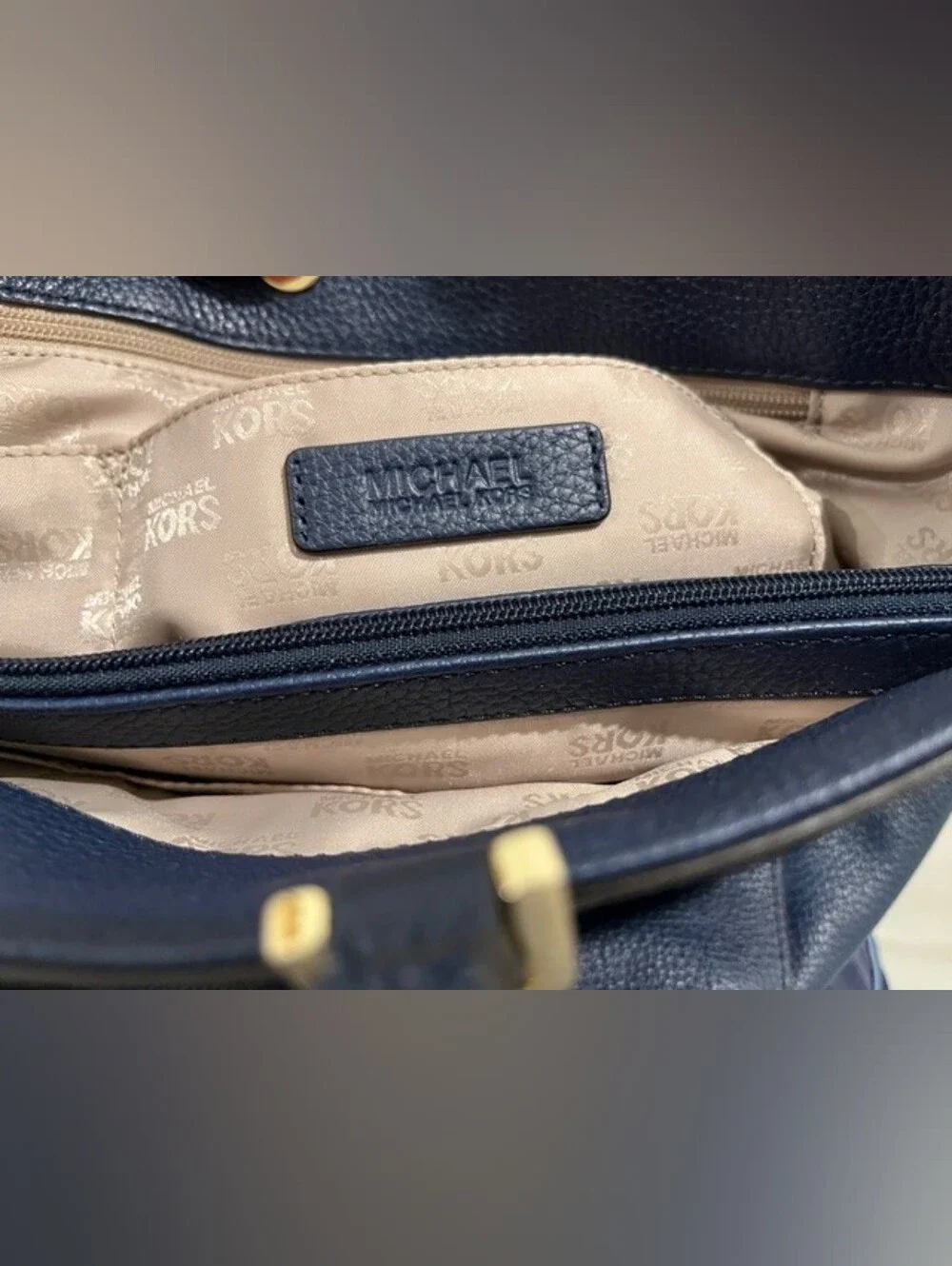 Michael Kors Navy Pebbled Leather Large Harper Tote W/Goldtone Trim New With Tag